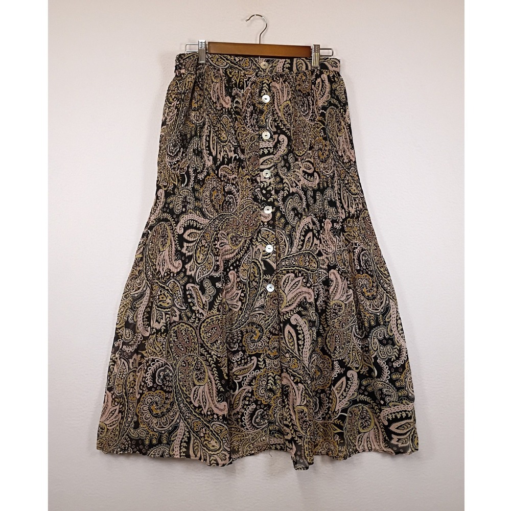 Boho Daniel Rainn Womens Medium Black Paisley Pleated Button Front Midi Skirt